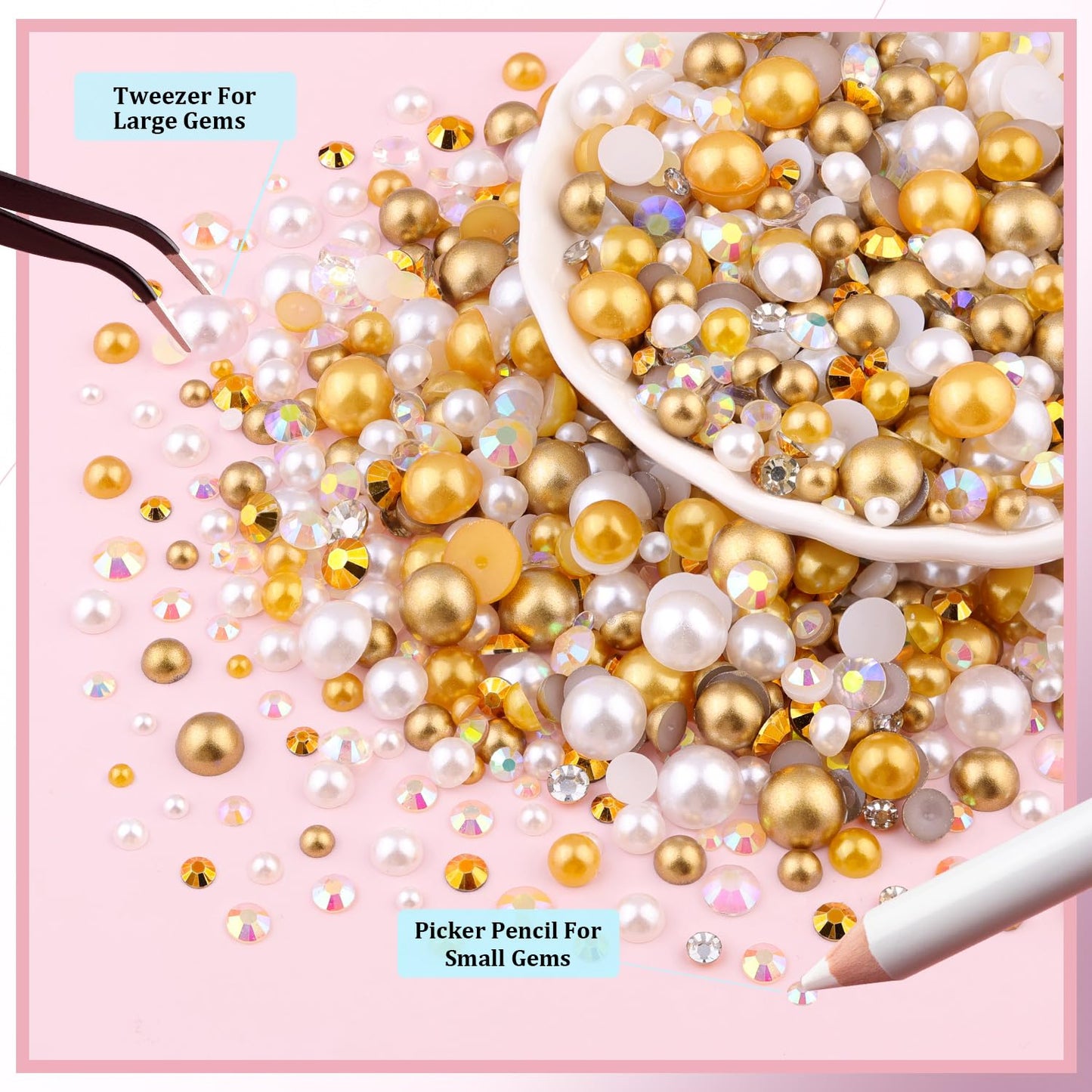 80g Flatback Pearls and Rhinestones for Bedazzling, Champagne Gold Mixed Size 3-10mm Resin Rhinestones and Half Pearls for Crafting, Nail Art and Decoration with Tweezers (White Brown)