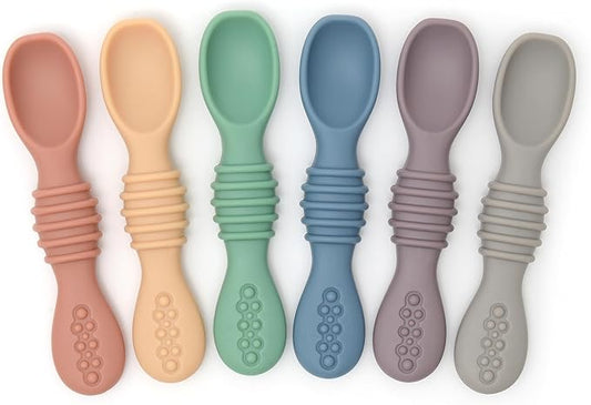 PrimaStella Silicone Chew Spoon Set for Babies and Toddlers - Safety Tested - BPA Free - Microwave, Dishwasher and Freezer Safe - Earth Shades