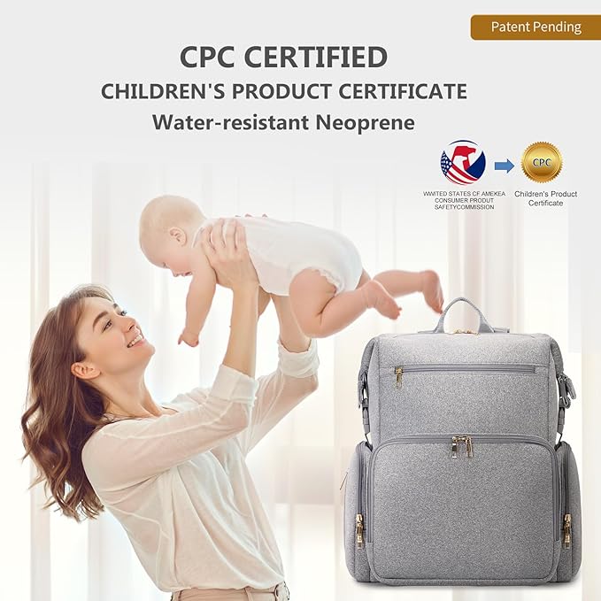 CEI-CEI Neoprene Diaper Bag Backpack with Insulated Pockets, Large Newborn Baby Maternity Bags Travel Tote with Changing Pad (Grey)