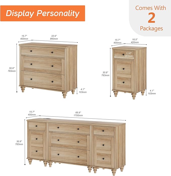 WAMPAT Dresser with Wide Chest of Drawers for Bedroom, End Table with Charging Station for Living Room, Mid Century Modern Kids Dressers for Nursery with 5 Drawers and 2 Storage Cabinet, Oak