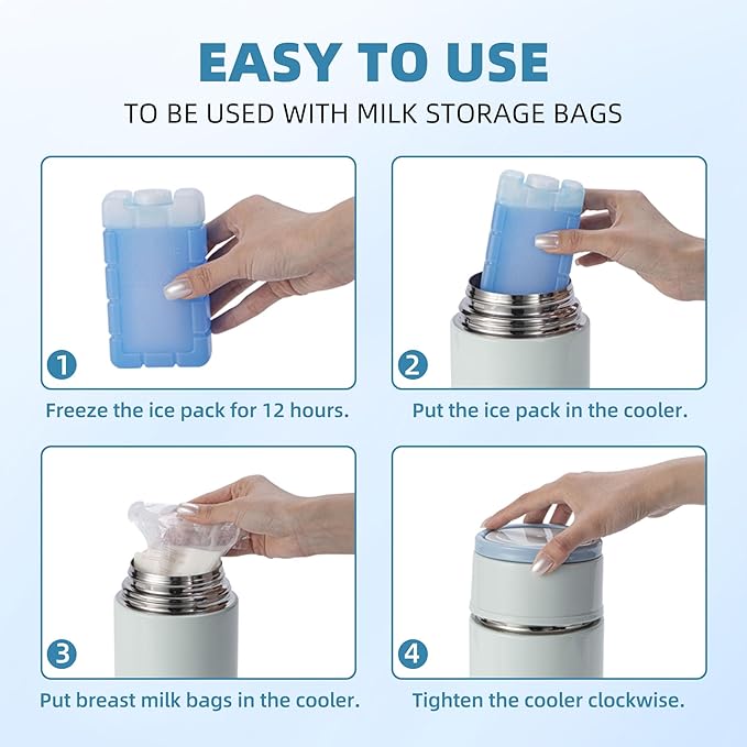 Portable Breast Milk Cooler, Stainless Steel Breastmilk Storage Keeps Breastmilk Cold for up to 24 Hours, Breast Milk Chiller Included Ice Pack for Women Outdoor Travel - Blue