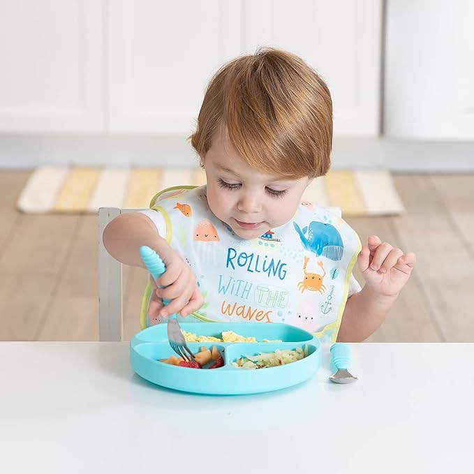 Bumkins Toddler Utensils, Kids Size Fork and Spoon Set, Silicone and Stainless-Steel Training Silverware, Angled Forks / Sporks for Self-Feeding, Children Hold Learning to Eat, 18 Months Up, Blue
