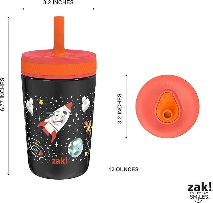 Zak Designs Kelso Toddler Cups For Travel or At Home, 12oz Vacuum Insulated Stainless Steel Sippy Cup With Leak-Proof Design is Perfect For Kids (Spaceships)