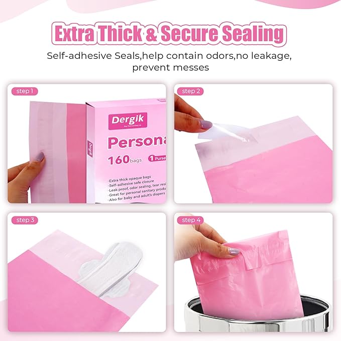 Diaper Disposable Bags, 160 Pcs Opaque Personal Disposal Bag, Secure Closure, Odor Control,Discreet Disposal for Diapers, Incontinence Pads, Tampons, Sanitary Product,With Purse Pouch, Pink