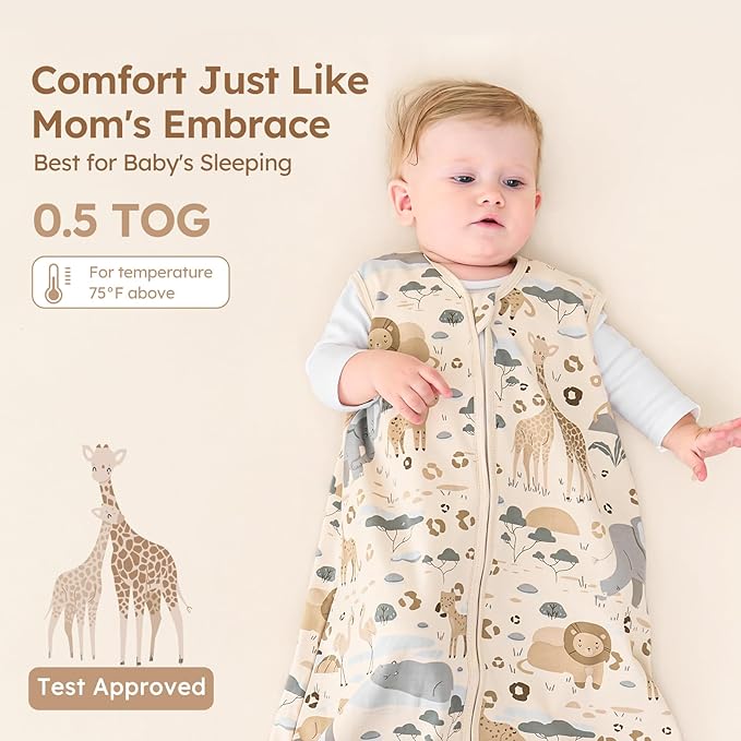 Baby Sleep Sack 18-24 Months 100% Cotton Lightweight 0.5 TOG Wearable Blanket Baby Sleep Bag with 2-Way Zipper for Infant Toddler Apricot Elephant