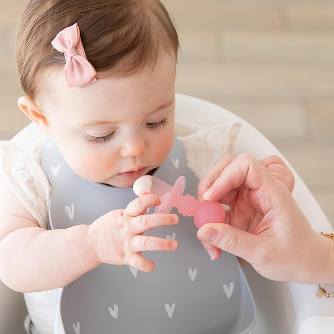 Bumkins Baby Utensils Set, Chewtensils Silicone Spoons for Dipping, Self-Feeding, Baby Led Weaning, Trainer Learning, First Stage Eating, Soft Practice Fork and Spoon, Babies 6 Months, Pink Jelly