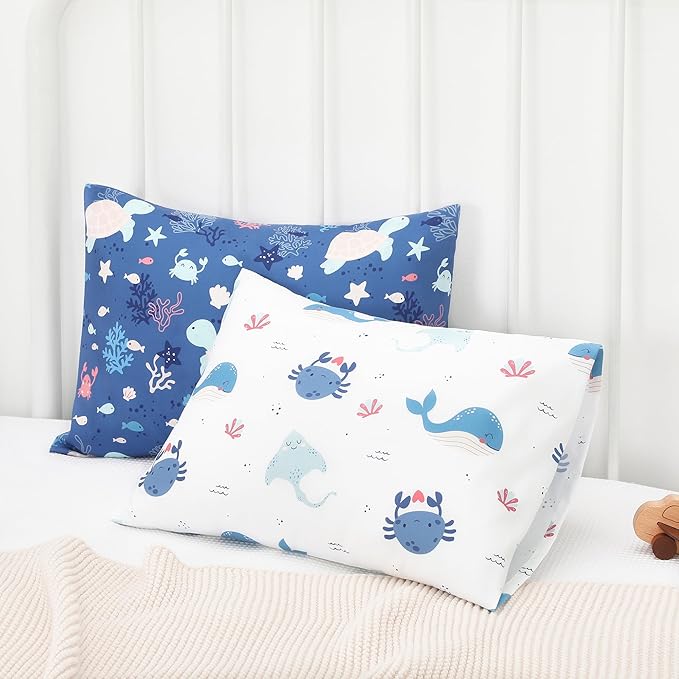 TILLYOU Toddler Pillowcase 2 Pack with Envelope Closure,13" x 18" Silky Soft Microfiber Travel Kids Pillowcase for Boys and Girls, Beach Time Turtle&Manta Ray