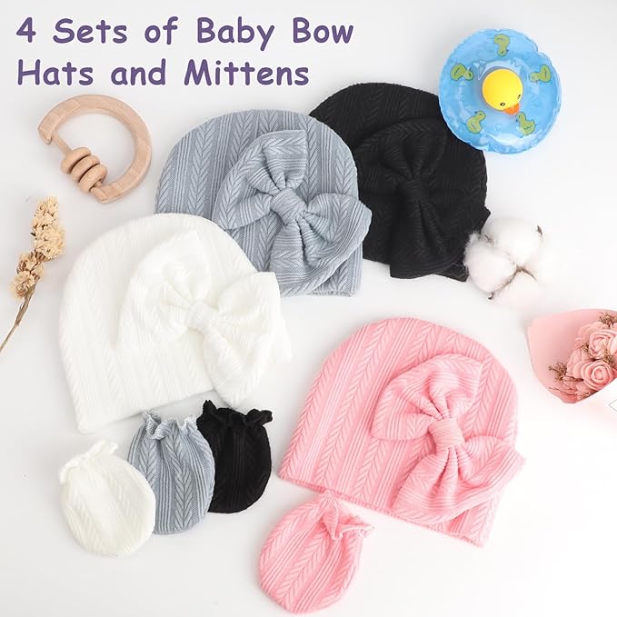 BQUBO Newborn Baby Hats Mittens Set Hospital Hat Beanie Infant Bow Hats Baby Gloves No Scratch Mittens for 0-6 Months