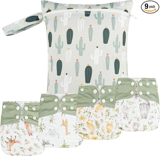 HappyFlute 9 Sets Newborn Baby Cloth Pocket Diapers Adjustable Reusable for Baby Boys and Girls(6-33 pounds,0-3 Years),One Wet Bag+4Diapers and 4Inserts (AD10)