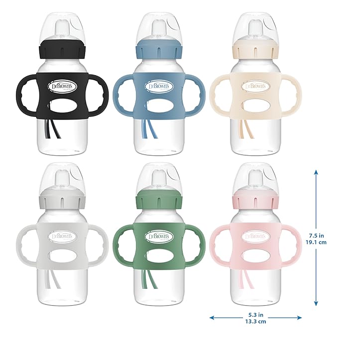 Dr. Brown's Milestones Wide-Neck Sippy Spout Bottle with 100% Silicone Handles, Easy-Grip Handles with Soft Sippy Spout, 9oz/270mL, Ecru, 1-Pack, 6m+