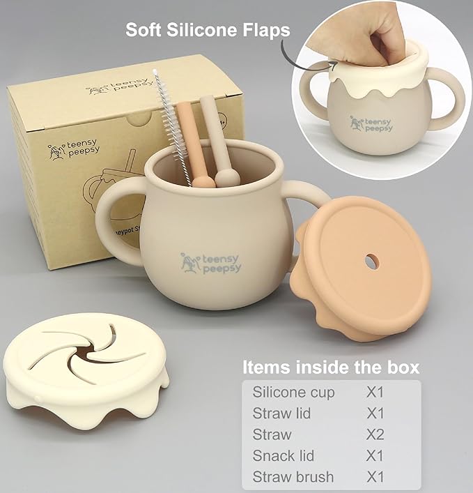 Honey Jar Pot 3-in-1 Silicone Training Cup 8.5oz, Unisex Baby Sippy Cup with Straw & Snack Lid for 6 months+ Break Resistant Straw Cup for Toddler Smoothie Drinkware (Sandy Beige)