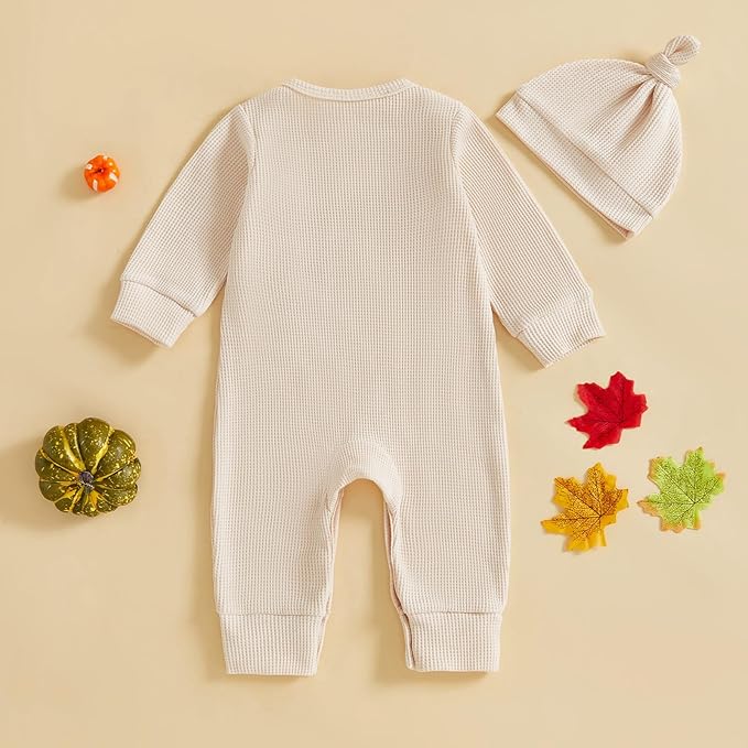 Newborn Infant Baby Boy Halloween Outfit Little Pumpkin Embroidery Romper Waffle Knit Long Sleeve Jumpsuit with Hat