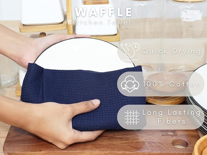 PurpleEssences Waffle Weave Kitchen Towel, 100% Cotton - 15 x 25 Inches, with Hanging Loop Ultra Soft Absorbent Quick Drying Dish Cloth, Tea and Hand Towels, 6 Pack - Fall Thanksgiving - Navy Blue