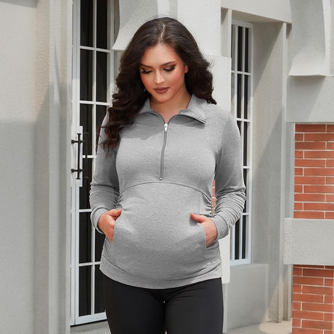 GINKANA Maternity Women's Long Sleeve Shirt Half Zipper Lapel Lightweight Casual Maternity Pullover with Pockets