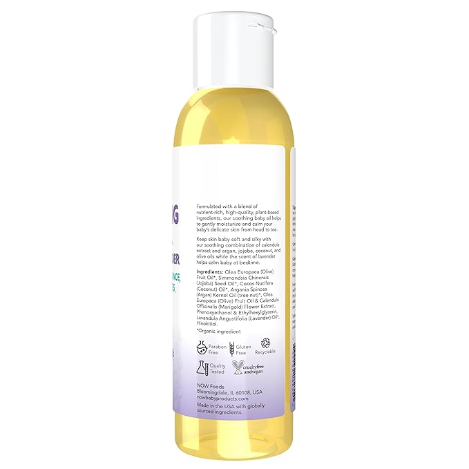 NOW Baby, Soothing Baby Oil, Calming Lavender, No Artificial Fragrance, Parabens, Phthalates, or Petrolatum, 4-Ounce
