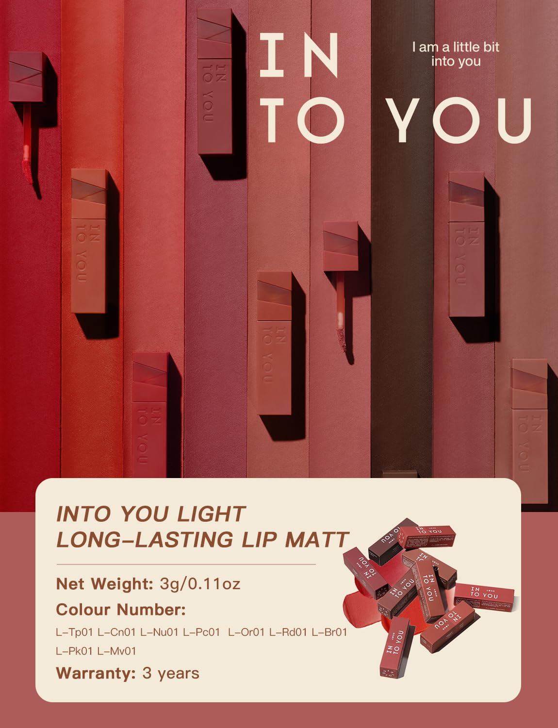 INTO YOU Matte Velvet Lip Stain Long Lasting Waterproof Lip Gloss Makeup Moisturizing Lipstick for Women (L-Cn01)