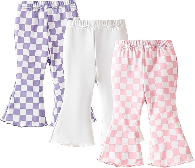 SOBOWO Checkered Baby Girl Flare Pants 3 Pack Toddler Bell Bottoms Plaid Ruffle Leggings Pants Fall Winter Outfits Size 6M-4T