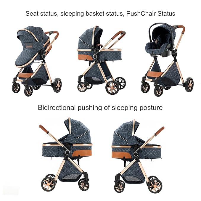 2 in 1 Baby Stroller with Bassinet Mode, Reversible Infant Pram, One-Click Folding, Newborn Travel Stroller, Convertible Toddler Standard Pram Carriage (X2US-Blue)