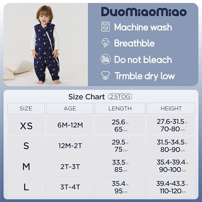 Duomiaomiao 2.5 TOG Toddler Sleep Sack 2-3T Months 100% Cotton Winter Side Open Zipper Baby Sleep Sack with Feet, Warm Toddler Wearable Blanket