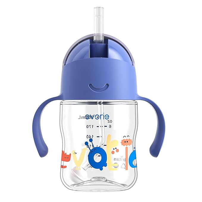 Evorie Tritan Weighted Straw Sippy Cup with Handles for Baby and Toddlers, Spill Proof Baby Water Bottle with Straw for 6 months and up, 7 Oz, Infant Training Water Bottle (Wathet)