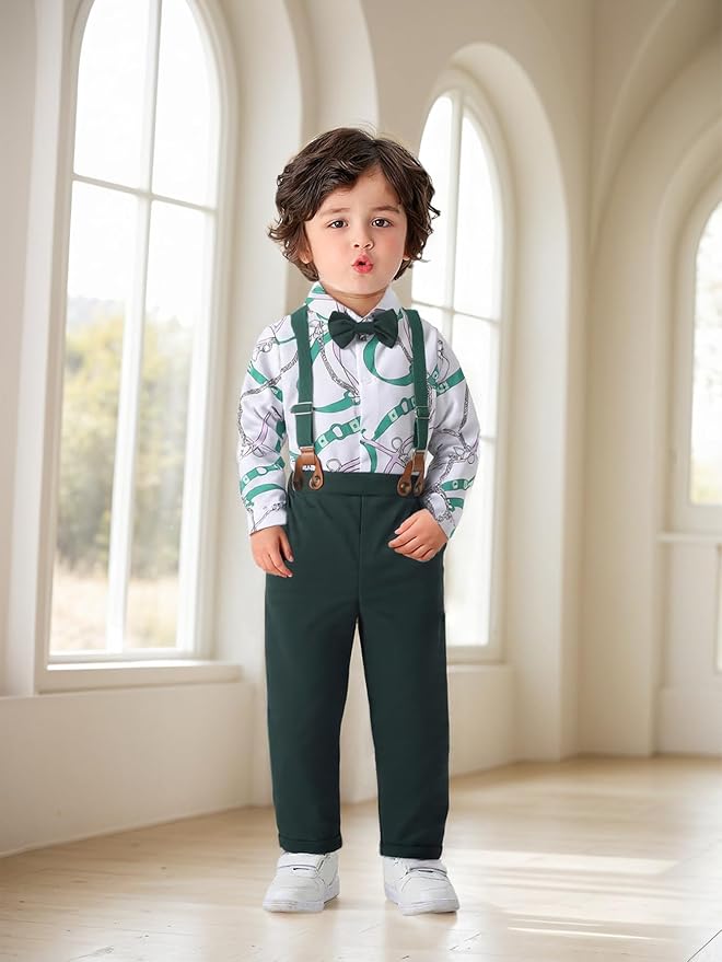 Boarnseorl Baby Boys Pants Sets,Toddler Gentleman Outfits, Infant Long Sleeve Shirt + Pants + Bow Tie + Suspenders