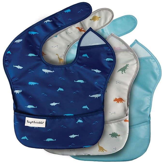 Tiny Twinkle Mess Proof Baby Bibs for Eating – Waterproof, Wipeable Toddler Bibs with Pocket – Baby Food Bibs for Girls & Boys(3 Pack,Sea, Dino)
