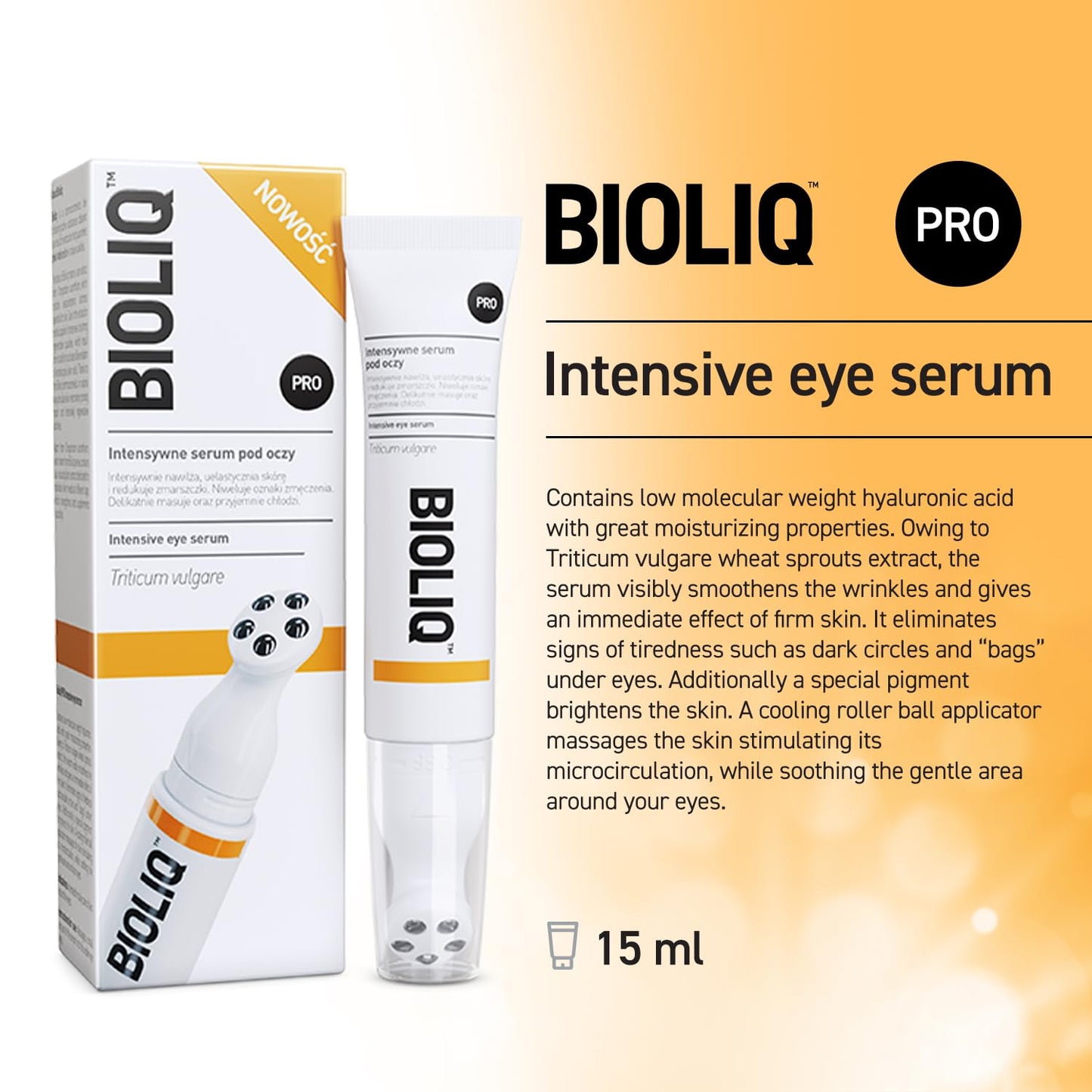 Pro Intensive Eye Serum - Hyaluronic Acid for Moisturizing, Wheat Sprout Extract for Wrinkle Smoothing, Dark Circle, Cooling Roller - 15 ml