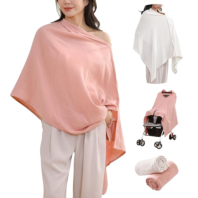 2-Pack Nursing Covers for Breastfeeding, 100% Organic Cotton Muslin Breastfeeding Cover, Multi-Use Nursing Scarf, Car Seat Canopy, Stroller Cover, Soft Breathable Baby Blanket Pink