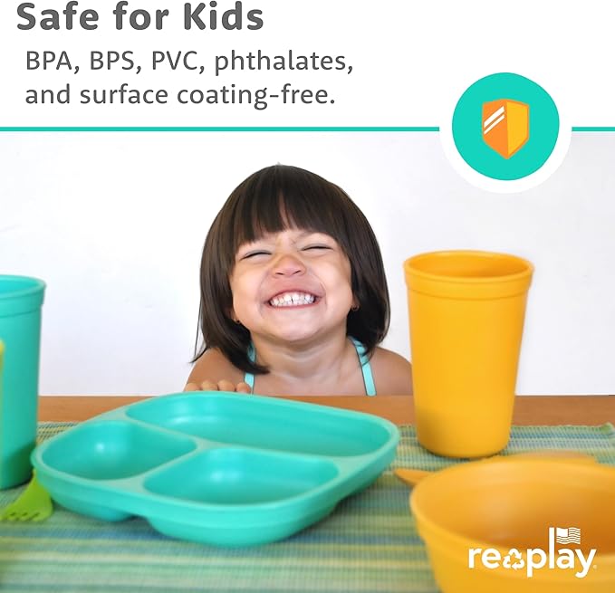 Re-Play Toddler Plates with Dividers - Deep-Walled 3 Compartments Divided Plates for Kids - Dishwasher & Microwave Safe - Made in USA - Set of 3-7.37" x 7.37" x 1.25" - Preschool