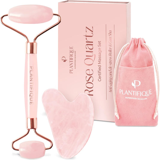 PLANTIFIQUE Face Roller and Gua Sha Rose Quartz Certified | Gifts | Guasha Tool for Face | Jawline Shaper | Your Skin Care Routine