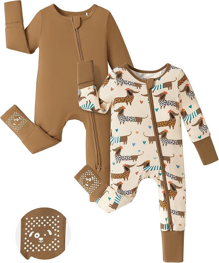 PATPAT Baby Footie Romper with Mittens for Boy and Girl, Anti-Slip & 2-Way Zipper, Long Sleeve, Viscose from Bamboo, Outfit