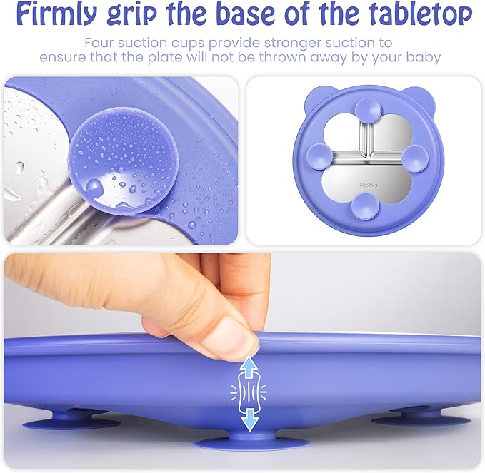 Stainless Steel Kids Plate with Suction Set of 2, 9″ Toddler Divided Plates with Removable Non Slip Silicone Sleeves, Unbreakable Baby Snack Dishes, Mess-Free Mealtime, Mint Green & Wisteria