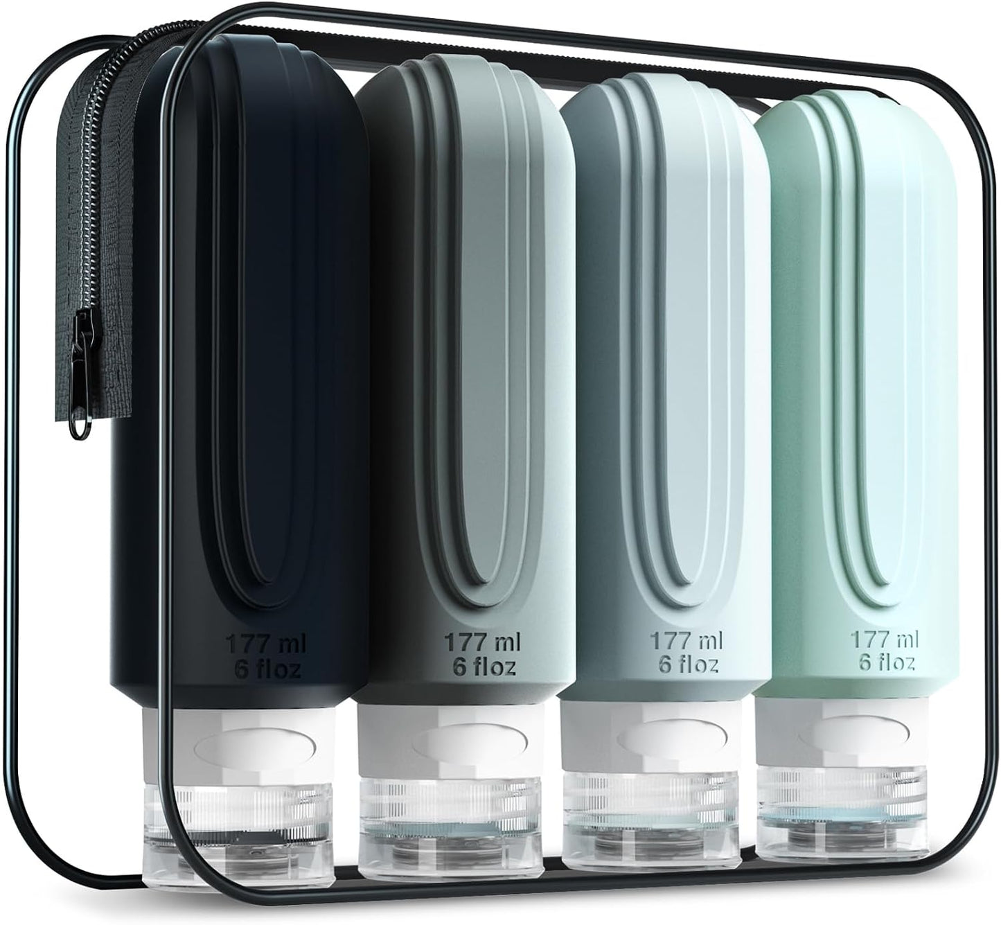 Travel Bottles for Toiletries, Large 6oz Oversize Containers, BPA Free Leak Proof Tubs Refillable Liquid Traveler Accessories with Toiletry Bag for Cometic Shampoo and Lotion Soap (4 Pack)