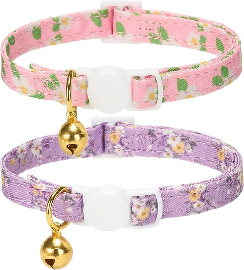 2 Pack Cat Collars, Removable Bowtie, Floral Pattern, Safety Breakaway Clasp - Image 2