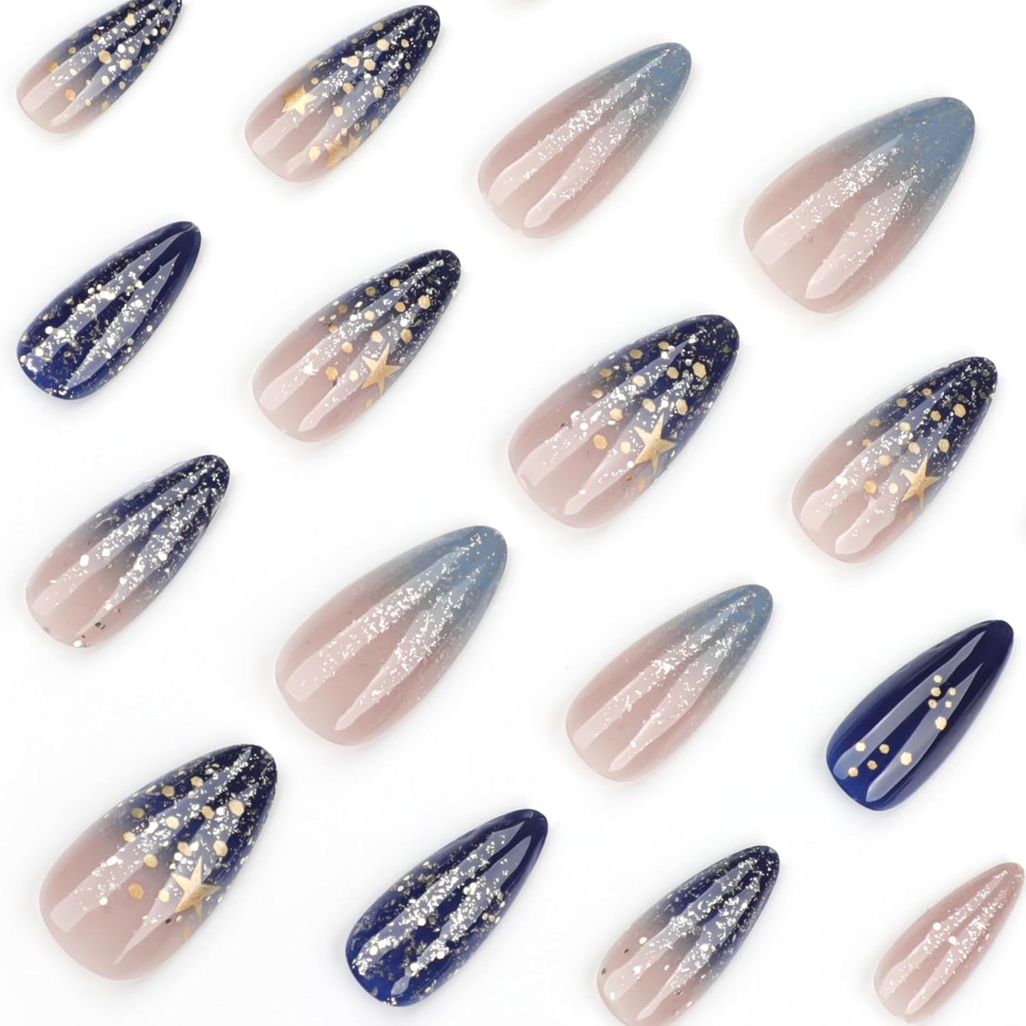 Ombre Press On Nails medium, Almond Fake Nails Featuring a Nude-to-Blue Gradient and accented with golden glitte, Glossy Finish Acrylic Nails, Reusable Glue On Nails for Women, 24Pcs, Golden Tide