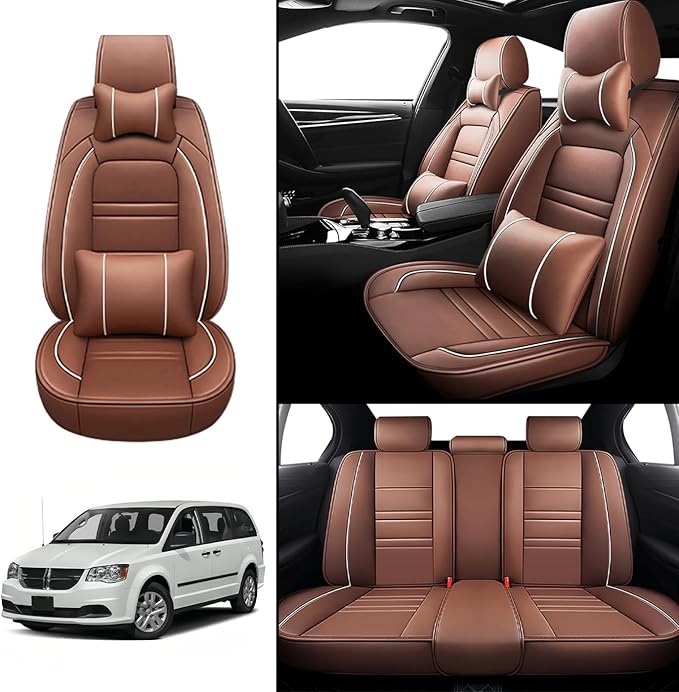Car Seat Covers for Dodge Grand Caravan 1999-2020 | 5-Seats Seat Covers, Waterproof Seat Protectors, Automotive Seat Covers (Full Set with Pillow,Coffee)