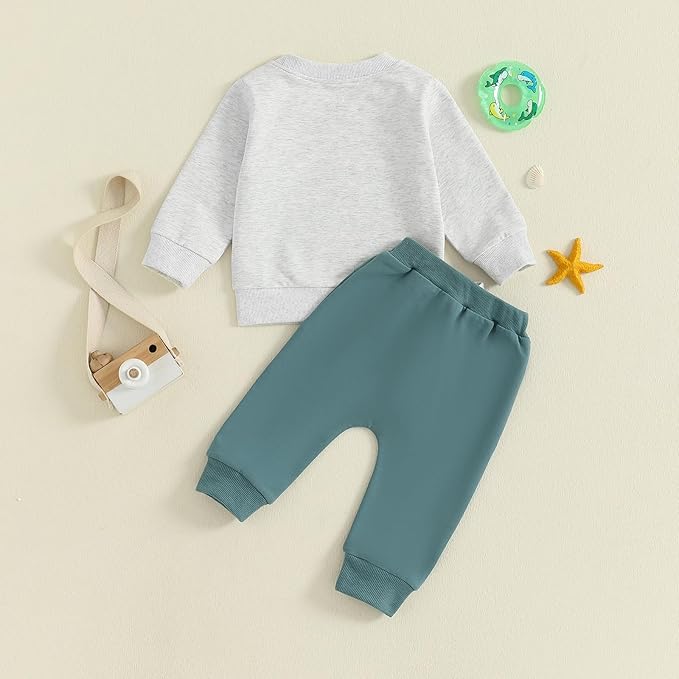 Nyapruwe Toddler Baby Boy Fall Outfit Funny Print Long Sleeve Sweatshirt Joggers Pants Set Kids Warm Winter Clothes