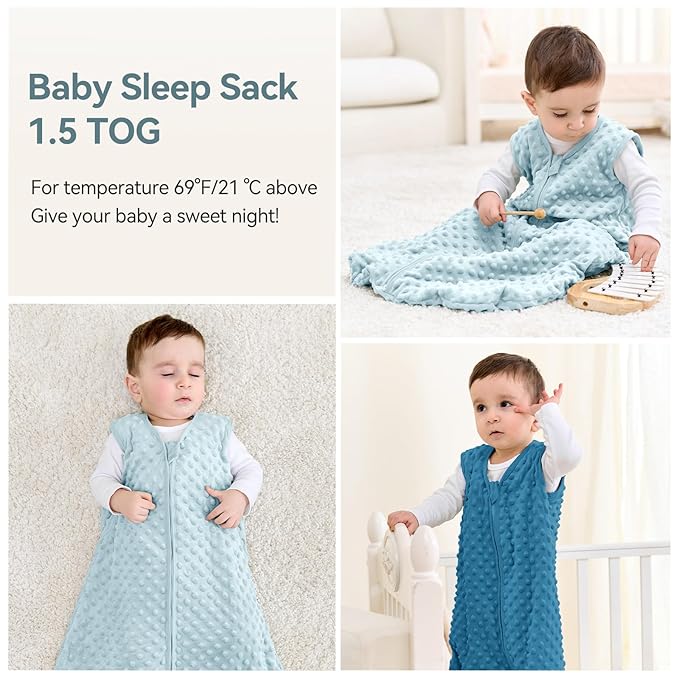 Fleece Baby Sleep Sack 12-18 Months with Plush Dots 1.5 Tog Baby Wearable Blanket with 2-Way Zipper Warm Sleeping Sack for Toddler Infant - Large, Sky Blue