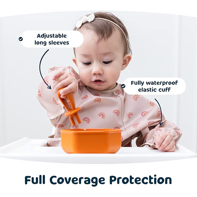 Tiny Twinkle Mess Proof Baby Bib,Waterproof Smock Baby Bib for Eating,Machine Washable Long Sleeve Bib,Baby Led Weaning,Toddler Bib,BLW Supplies(Taupe, Small 6-24 Months)