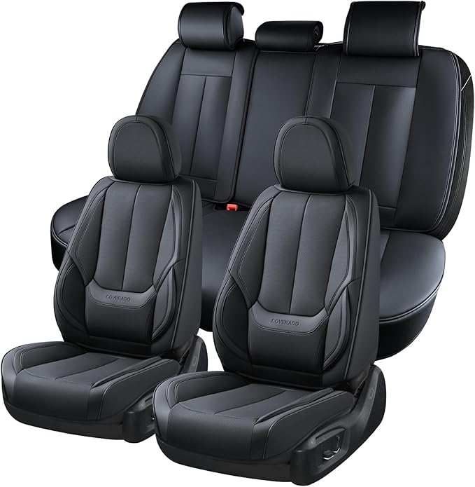 Coverado Car Seat Covers Full Set, Seat Covers for Cars, Black Car Seat Covers Front Seats and Back Car Seat Protector Waterproof, Leather Car Seat Cushion Universal Fit for Most Cars