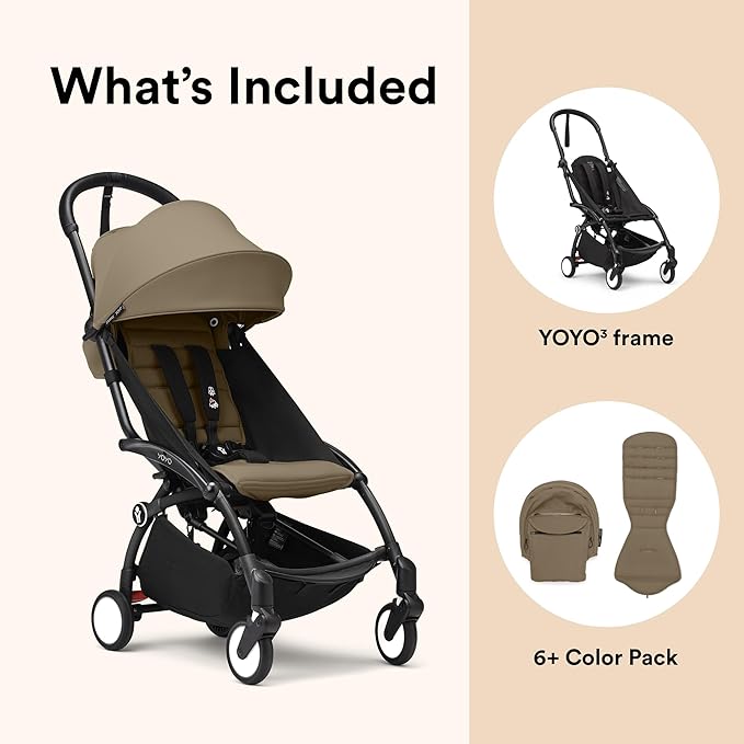 Stokke YOYO3 Stroller from 6 Months - Includes Black Frame/Toffee Seat Cushion + Canopy - Folds in & Out in a Flash - Light & Compact - Carry-On Compatible