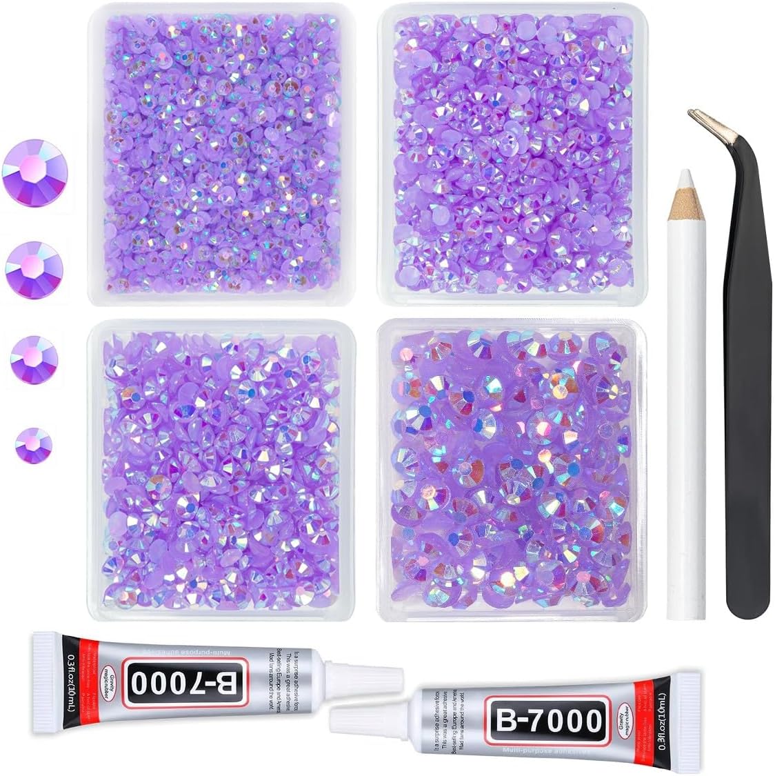 Light Purple AB Resin Rhinestones w B7000 Jewelry Glue for Bedazzling Crafting 3mm 4mm 5mm 6mm Violet Flatback Jelly Stones Bulk SS10-SS30 Diamonds Gems for Nails Face Makeup Tumblers Crafts