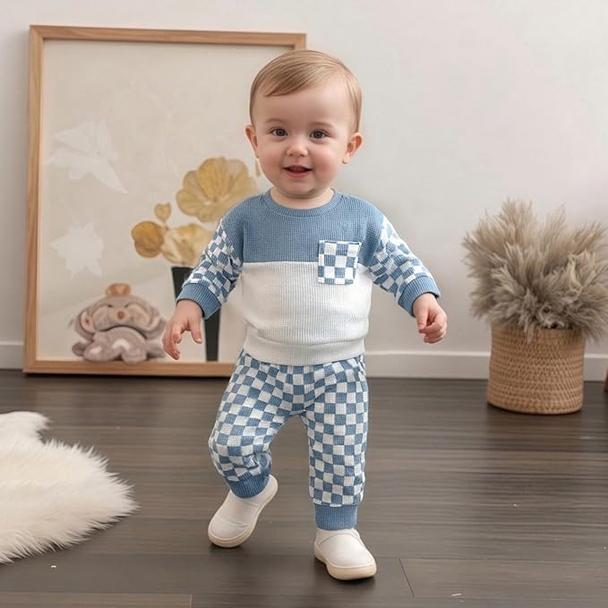 Toddler Baby Boy Fall Clothes Waffle Outfit Long Sleeve Color Blocking Sweatshirt Pullover Jogger Pant Set