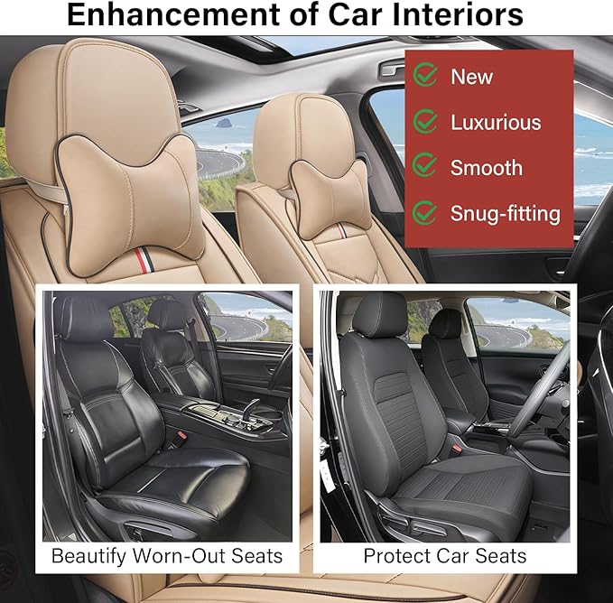 Leather Car Seat Covers Fit for LR LR4 2009-2016, 5 Seater Waterproof and Wear-Resistant Seat Cover Interior Accessories(Full Set with Pillow,Beige)