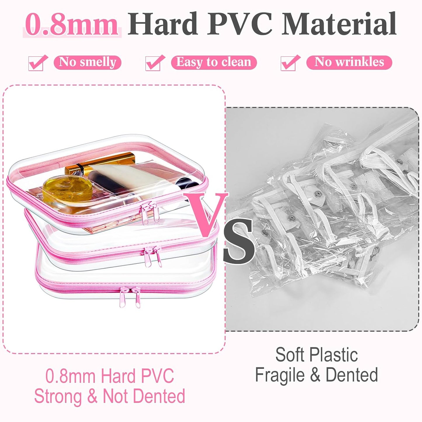 Hoolerry 3 Pcs Clear Hard Zipper Case Plastic Pouch Transparent Hard Case Clear Makeup Bag Portable Travel Organizer Bin for Cosmetics, Building Blocks, Puzzles(Pink,M)