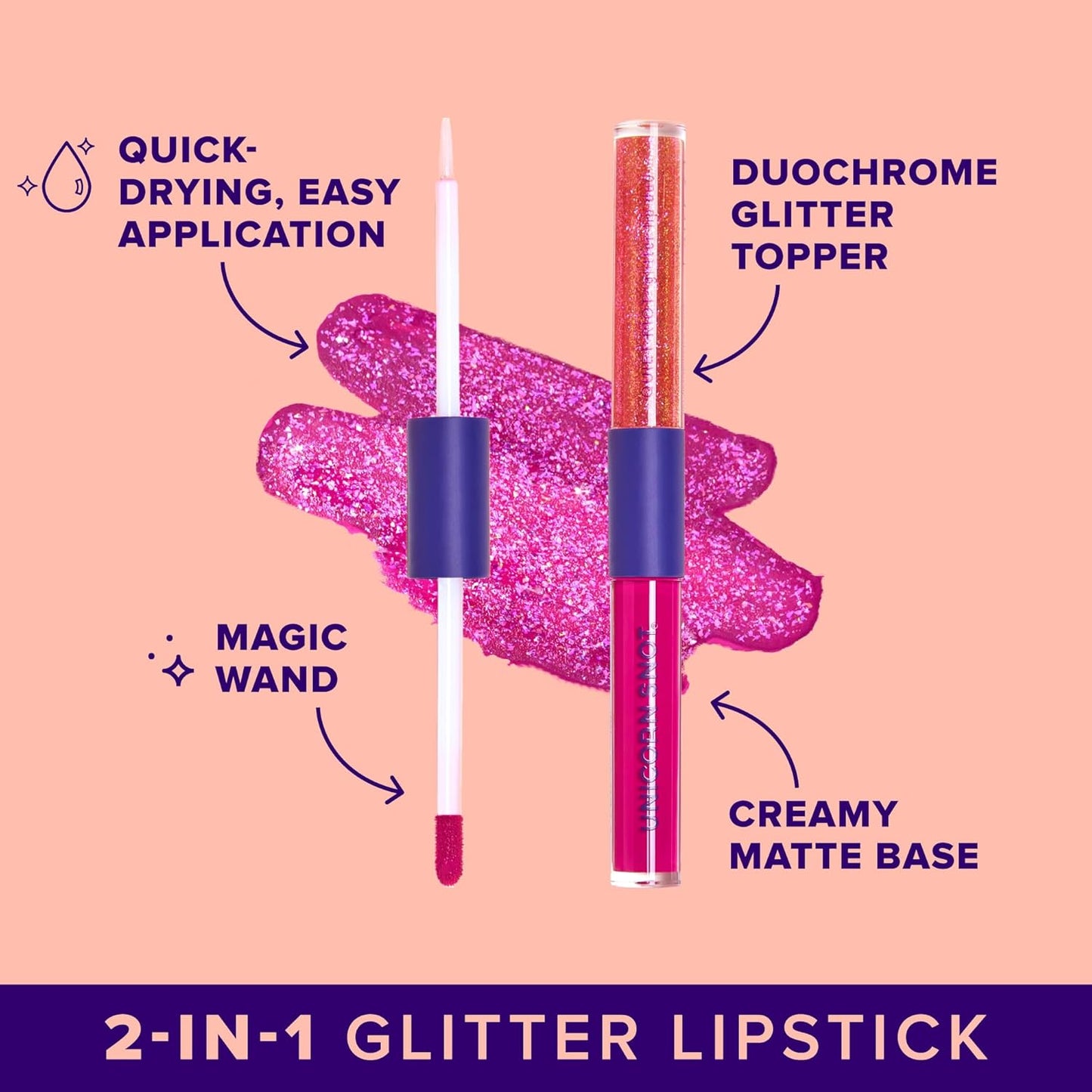 UNICORN SNOT Quiet Riot™ Plastic-Free Glitter Lip Duo | 2-in-1 Set w/Matte Lipstick & Sparkly Glitter Lip Gloss | Halloween Costume Makeup | 0.15oz Pink Lipstick & 0.16oz Gloss (Fusion)