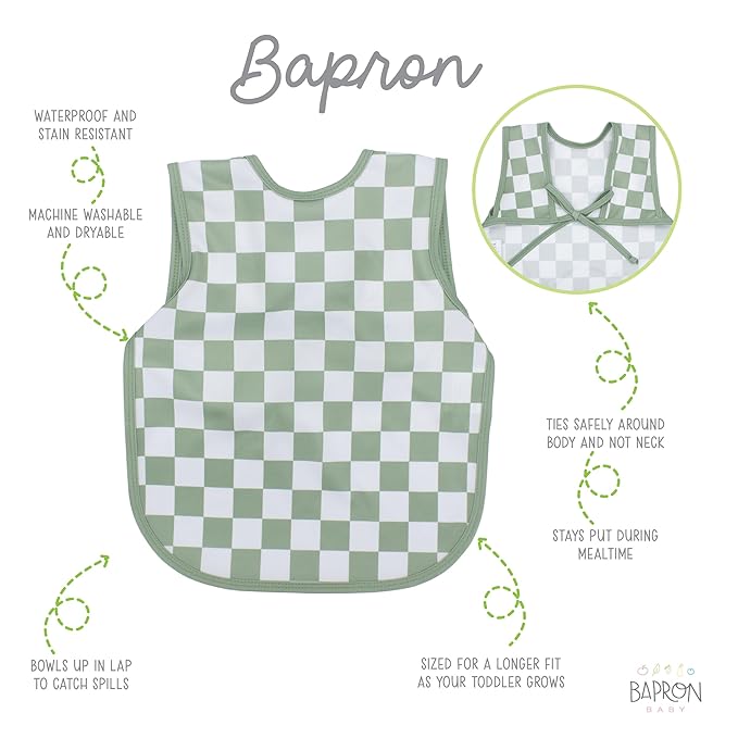BapronBaby Sage Checkerboard Bapron - No Neck Tie Safer Bib for Baby & Toddler - Soft Waterproof Stain Resistant - Machine Washable - Sz Baby/Toddler 6m-3T