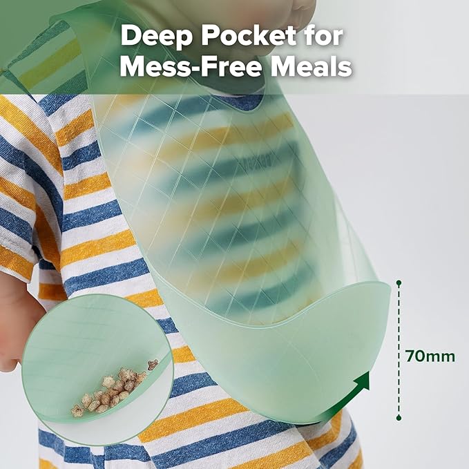 haakaa Lightweight Silicone Pocket Bib – Ultra-Light & Foldable Travel Silicone Baby Bibs with Deep Food Catcher Pocket, Adjustable Waterproof Design, Baby Feeding Essentials