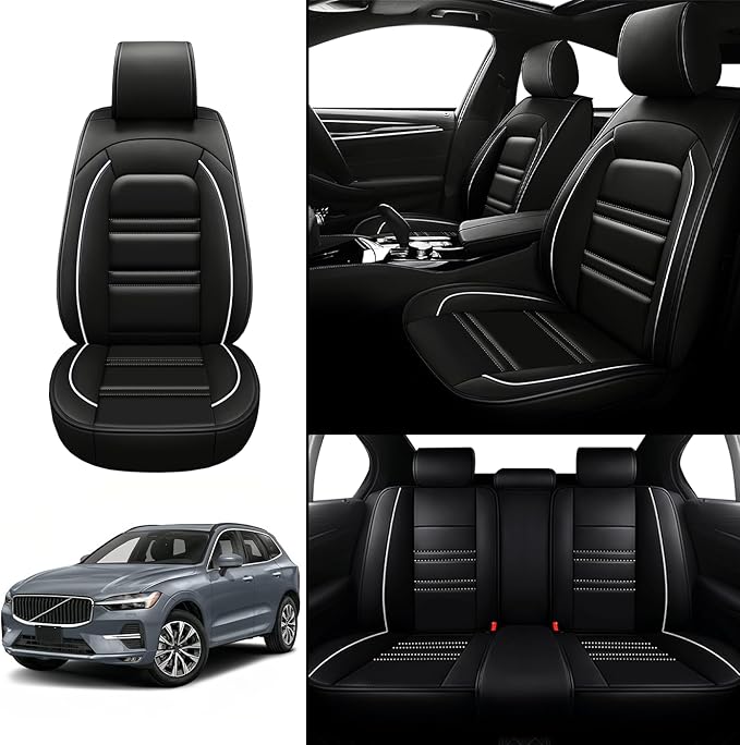 Seat Covers for Volvo Car xc60 2010-2025 | 5-Seats Leather Seat Covers, Easy to Install Automotive Seat Covers Full Set (Full Set, Black&White Line)