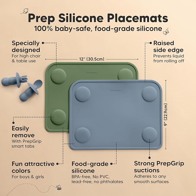 KeaBabies 2-Pack Silicone Placemats for Toddlers - 12x9 Non Slip Suction Baby Silicone Placemat for Kids Eating, Easy to Clean, Busy Travel Baby Mat for Dining Table, Food Grade/BPA-Free (Slate)